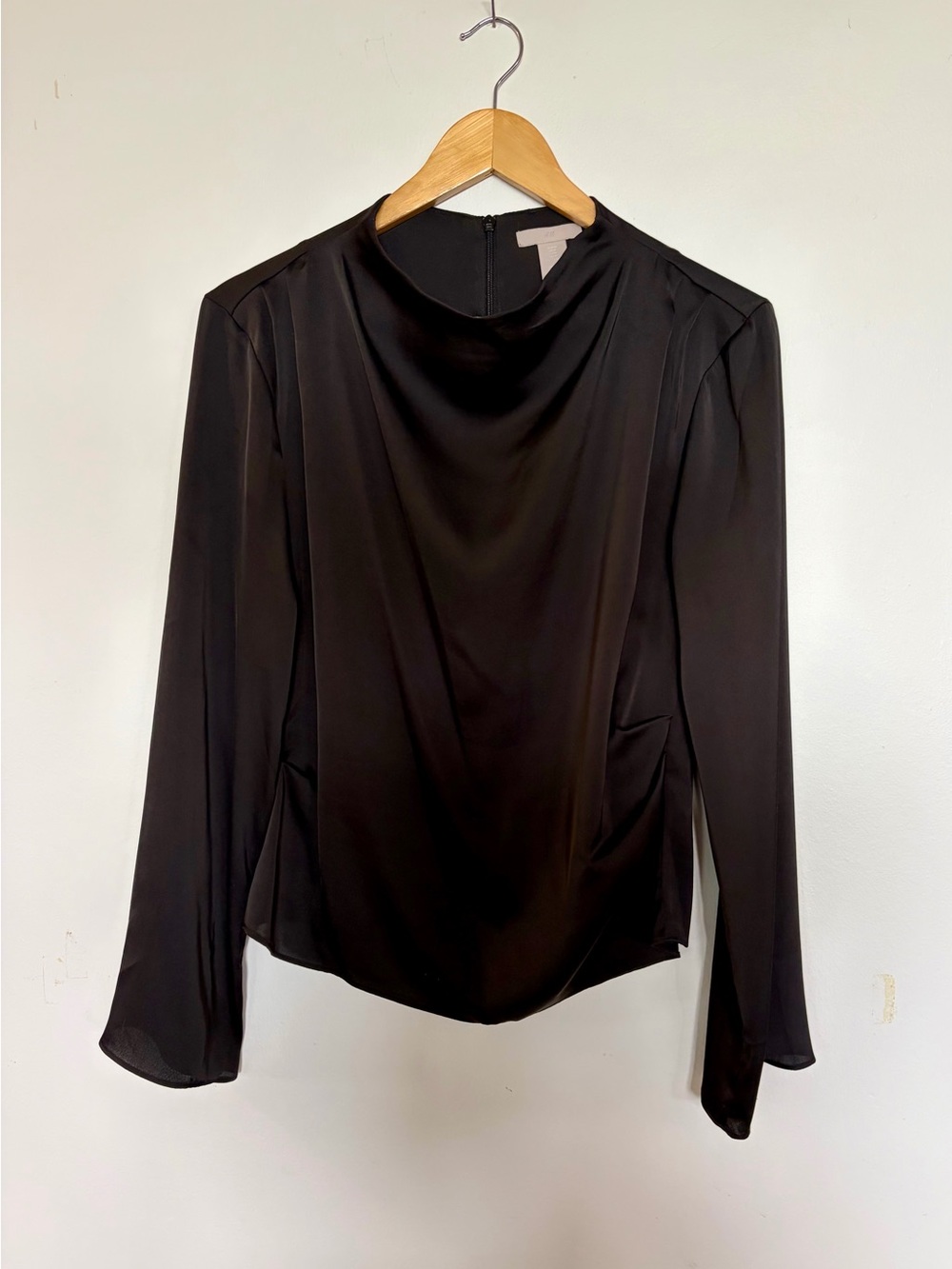H&M Black Satin Long-Sleeve Mock Neck Blouse